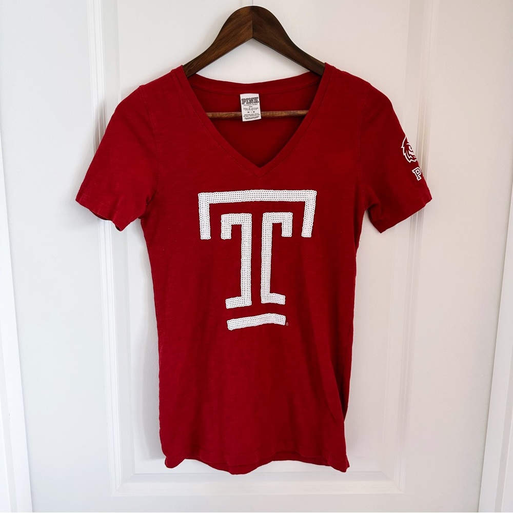 Temple University Victoria’s Secret PINK V-Neck Sequin Short Sleeve Tee